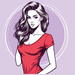 beautiful woman with  perfect posing in red t-shirt on the purple background. Vector illustration