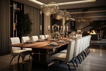 Welcoming Dinning room interior. Wood house decor. Generate Ai - obrazy, fototapety, plakaty