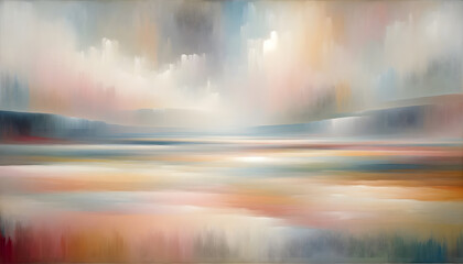 A wide canvas filled with broad swathes of muted pastel tones, embodying the spirit of Color Field...