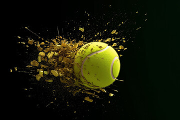 Dynamic explosion of tennis ball breaking through concrete