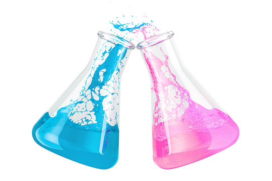 Chemistry of love concept. Flasks with pink and blue liquid, 3D rendering isolated on transparent background