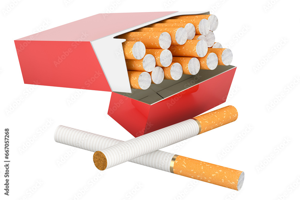 Poster open red full pack of cigarettes. pack of cigarettes, 3d rendering isolated on transparent backgroun