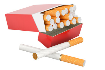 Open red full pack of cigarettes. Pack of cigarettes, 3D rendering isolated on transparent background