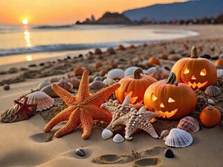 Beach Halloween with stars and pumpkins