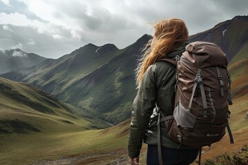 Naklejka premium Women backpacker on mountain looking at sunrise and sky