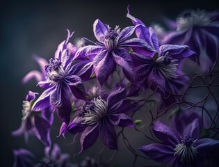 Fantasy clematis plants and glowing flowers background
