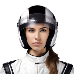A professional female racing driver in a racing suit isolated on transparent background