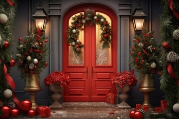 Christmas Decorations At Front Door of House