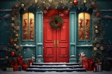 Fototapeta na wymiar Christmas Decorations At Front Door of House