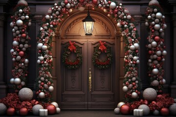 Obraz premium Christmas Decorations At Front Door of House