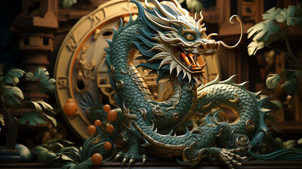 Green dragon, symbol of the New Year 2024. Generative AI