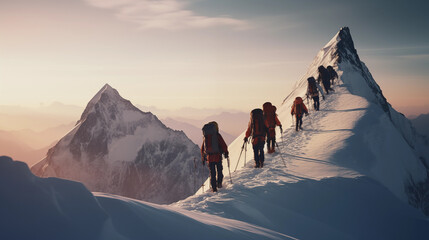 A group of mountaineers reaching the summit at the dawn of the day