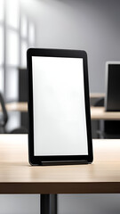 Tablet with white screen on the table.