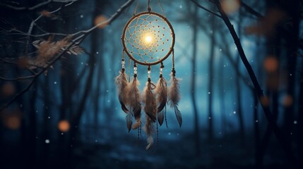 A photograph capturing the delicate intricacies of a dream catcher, beautifully suspended in gentle moonlight, radiating ethereal tranquility. - obrazy, fototapety, plakaty