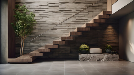 Stone cladding wall in spacious hallway with staircase. Luxury minimalist home interior design of...