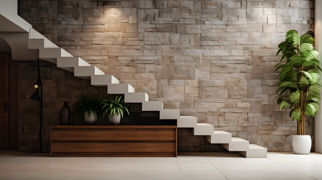 Stone cladding wall in spacious hallway with staircase. Luxury minimalist home interior design of modern entrance in villa.