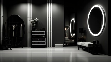 Modern black and white dressing room interior with furniture