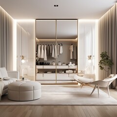 Modern white dressing room interior with furniture and mirror
