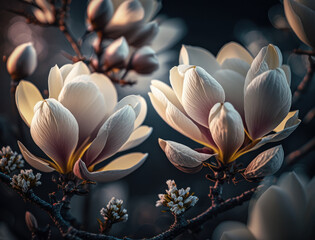 Fantasy magnolia plants and glowing flowers background