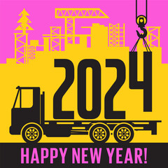 Crane loads New Year 2024 in to truck, text happy New Year, vector illustration