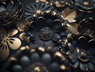 Fantasy dark black and golden plants and glowing flowers Full frame background top view