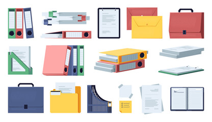Office documents and folders. Workstation with stationary and school folder, notebook, binder and tools for study and job. Vector isolated set of office document file illustration
