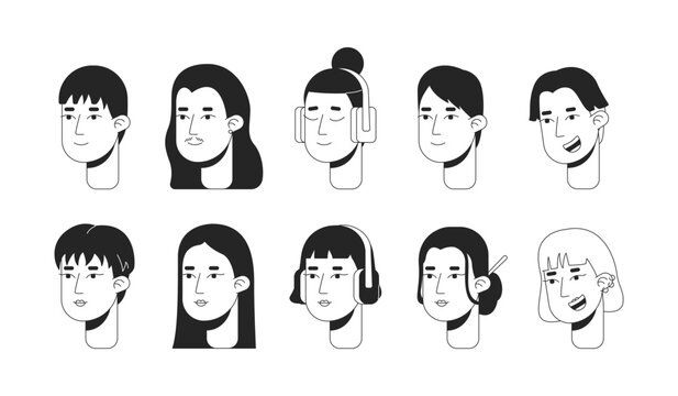 Asian ethnic young adult black and white 2D line cartoon character faces set. Korean stylish women isolated vector outline heads people. Modern japanese men monochromatic flat spot illustration bundle