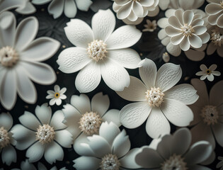 Fototapeta na wymiar Fantasy plants and glowing white flowers Full frame background top view