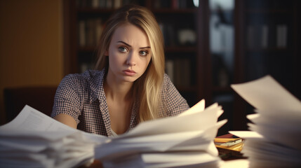 Stressed young woman reviewing her bills, reflecting financial strain during a recession