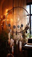 A dream catcher hanging in a music studio, resonating with the melodies and rhythms of creative minds.