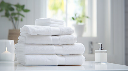 Towels made of white cotton sit on a white table