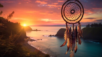A dream catcher hanging on a cliff's edge, overlooking a breathtaking sunrise, capturing dreams infused with the colors of dawn and the promise of new beginnings. - obrazy, fototapety, plakaty