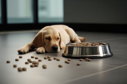 Dog ate too much and sleep near bowl with dry food on wooden floor. Puppy has eaten too much and sleeping. Pet anorexia, dog is sick or bored. Taking care of pet health, healthy eating concept