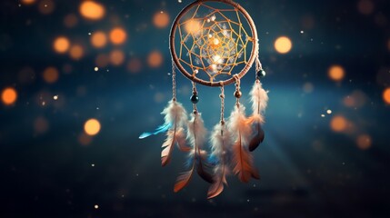 A dream catcher illuminated by soft, ethereal light, its feathers and beads casting delicate...