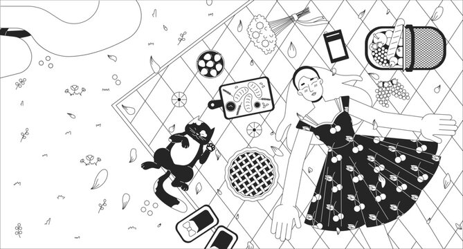 Blanket picnic girl cat black and white lofi wallpaper. Sakura petals falling on young woman 2D outline top view character cartoon flat illustration. Springtime vector line lo fi aesthetic background