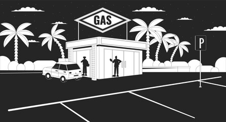 Silhouettes at gas station nighttime black and white lofi wallpaper. People inside convenience store 2D outline cityscape cartoon flat illustration. Parking lot vector line lo fi aesthetic background © The img
