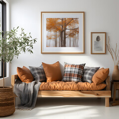 Terra cotta sofa with plaids and pillows against of white wall with art poster frame. Scandinavian interior design of modern living room