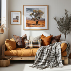 Terra cotta sofa with plaids and pillows against of white wall with art poster frame. Scandinavian interior design of modern living room