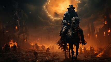 Black horseman of apocalypse riding black horse AI