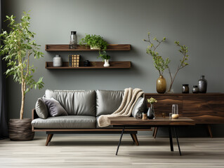 Modern minimalist style, living room, fully flat cabinets, showcases in dark wood colors, soft furniture in the space.