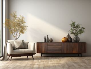 The modern minimalist style,living room, superflat cabinet, wall blank and dark wood color, soft furnishings in the space.
