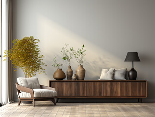 The modern minimalist style,living room, superflat cabinet, wall blank and dark wood color, soft furnishings in the space.