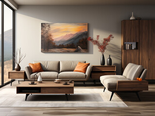 Modern minimalist style, living room, fully flat cabinets, showcases in dark wood color, picture frames, soft furniture in the space.