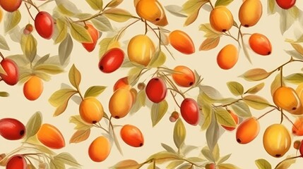 Pattern with ripe jujubes on a light background. AI generated