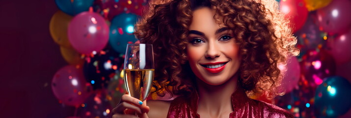 A happy girl in a New Year's outfit celebrates the New Year with a glass in her hands on a color background . Generative AI
