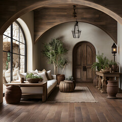 Timber beam ceiling and arched door in mediterranean style hallway. Interior design of modern...