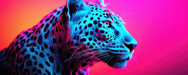 Retro neon illustration of a leopard - obrazy, fototapety, plakaty
