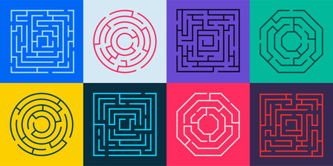 Maze path. Round labyrinth riddle with wrong way and right way, labyrinth puzzle with gate and deadlock, maze game concept. Vector illustration of riddle way challenge