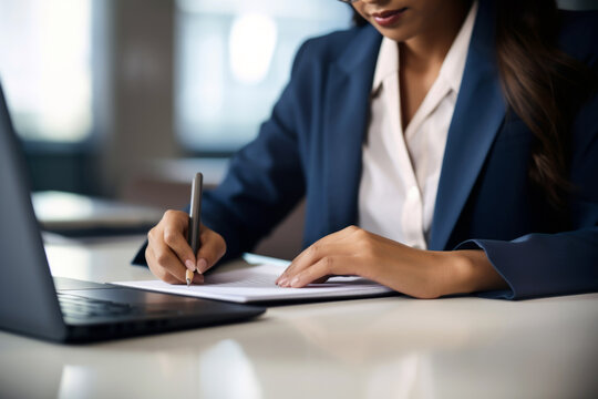 Businesswoman In Suit Working On Laptop And Writing Notes In Notebook In Office. Close Up