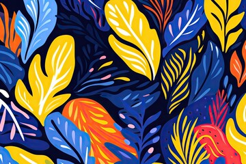 Modern exotic foliage botanical tropical leaves and floral pattern. Abstract jungle nature on dark background. Contemporary  cartoon style. Design for print, poster, banner, wallpaper, textile